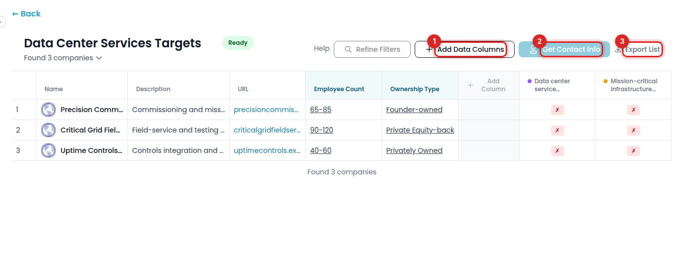 Add Data Columns, Get Contact Info, and Export List marked