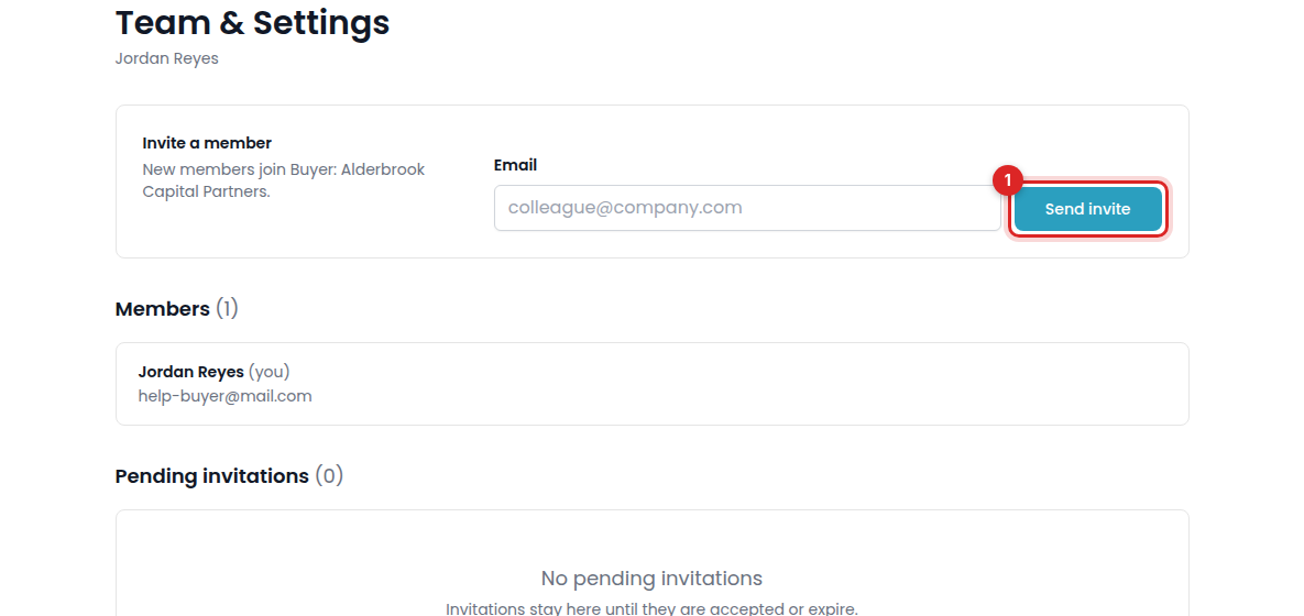 Team & Settings with Send invite marked