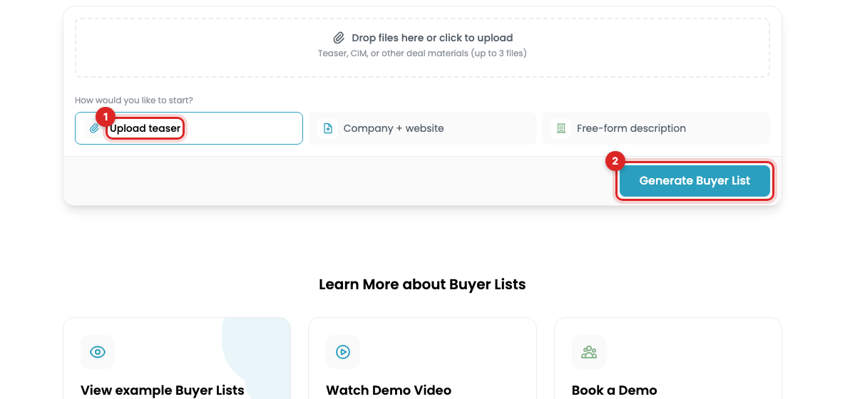 The AI Buyer List start page with Upload teaser and Generate Buyer List marked
