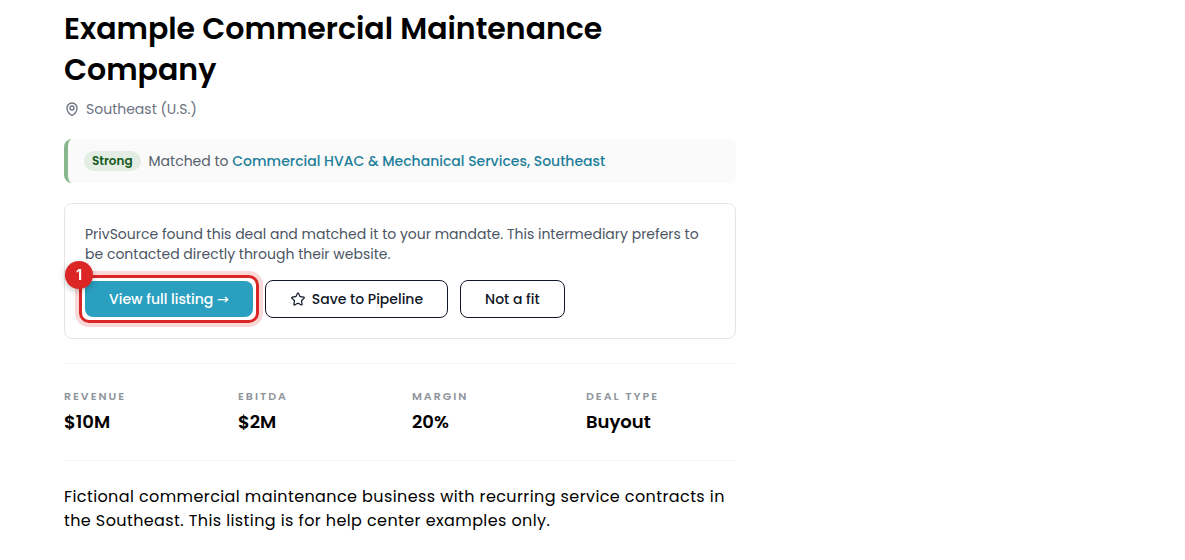 A found deal with the seller’s contact instructions and View full listing marked