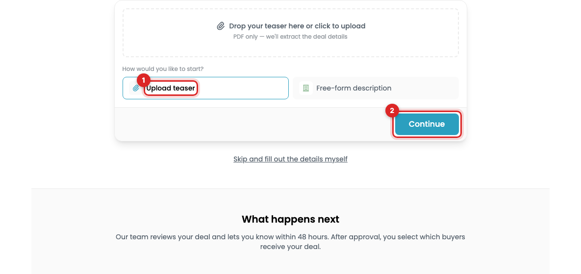 The deal upload form with Upload teaser and Continue marked