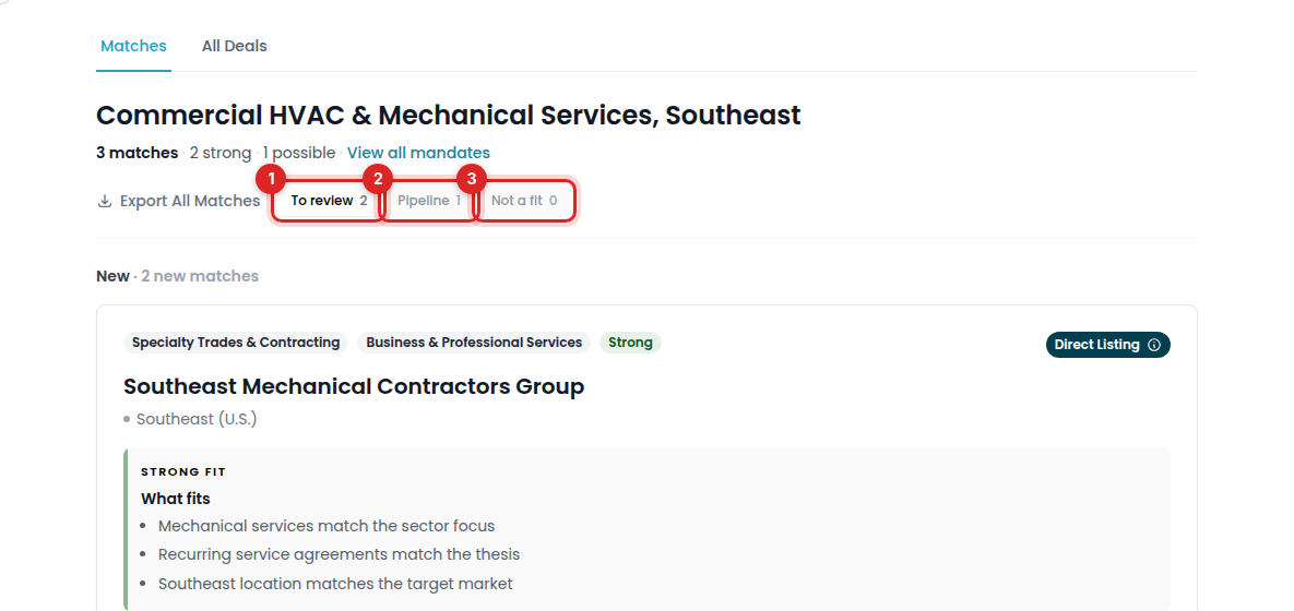 A published mandate with its matches and the To review, Pipeline, and Not a fit tabs marked