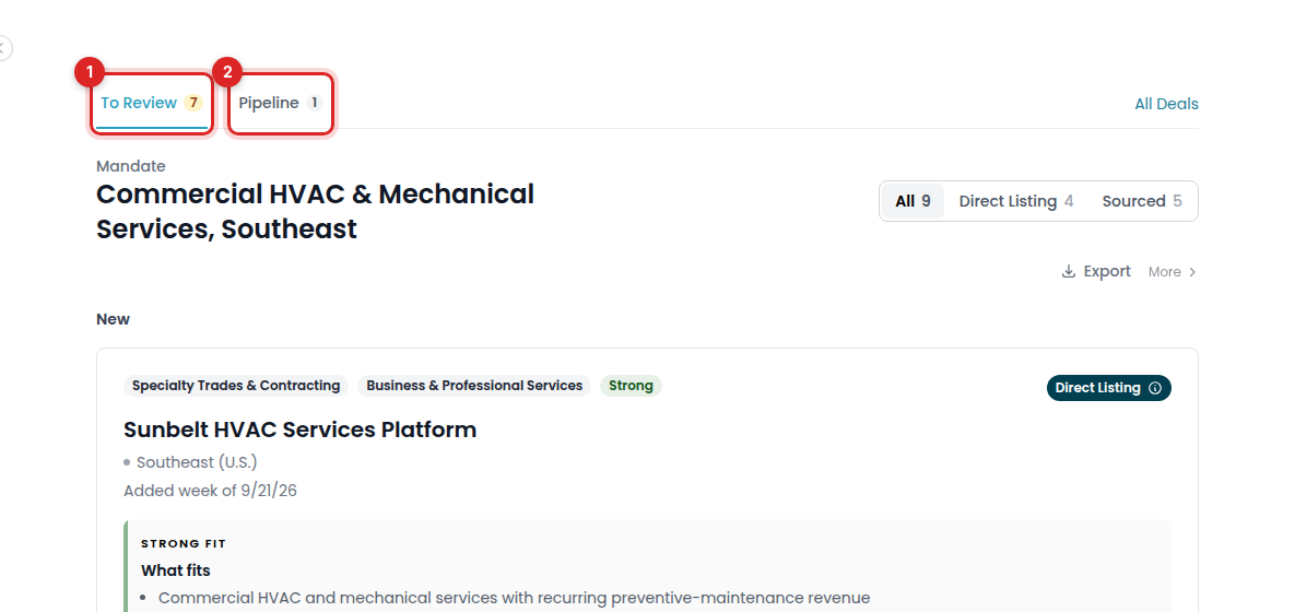 A published mandate with its matches and the To review, Pipeline, and Not a fit tabs marked