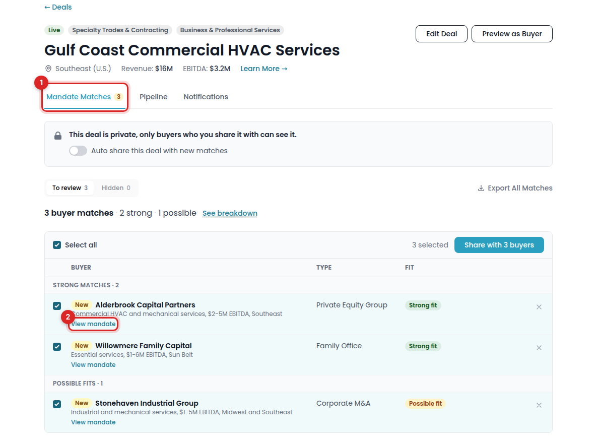 Matched buyers with View mandate marked