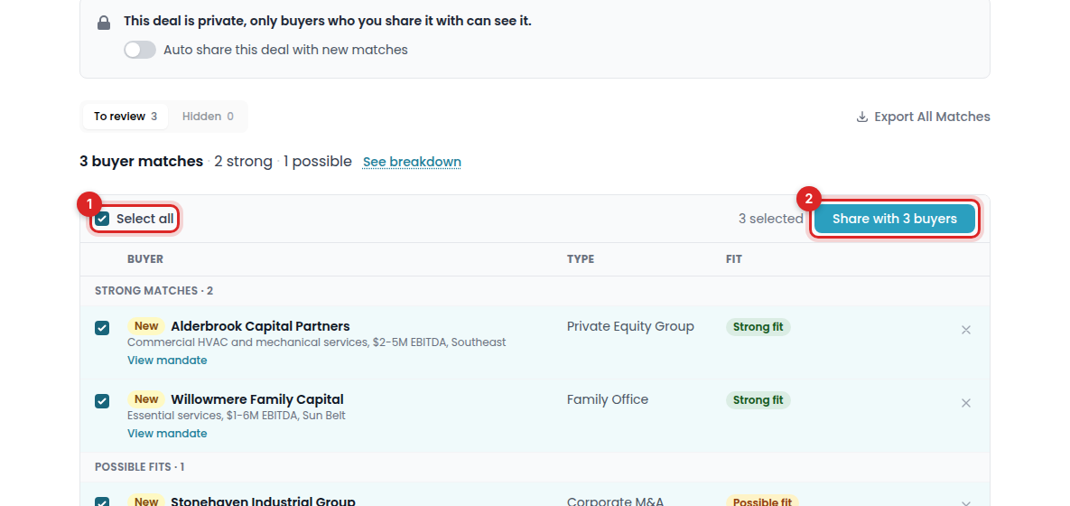 Matched buyers with Select all and Share with buyers marked