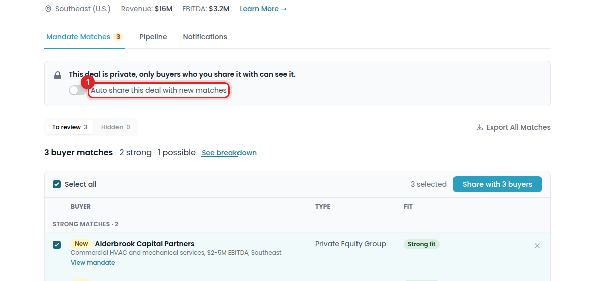 The deal page with the Auto-share toggle marked