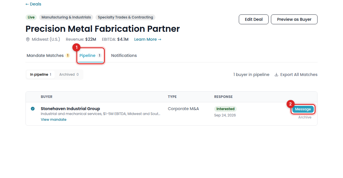 The Pipeline tab with buyer responses and the Message button
