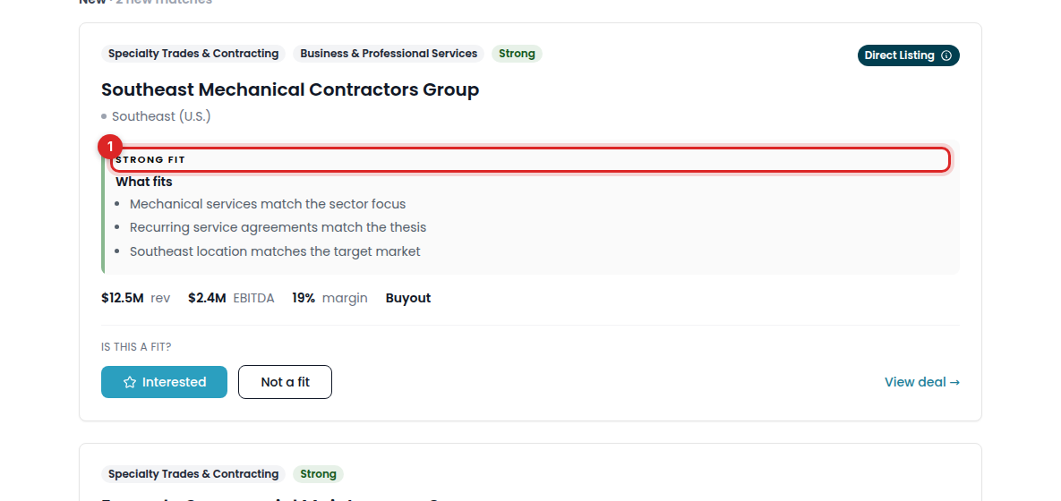 Matched deals with a Strong fit label marked
